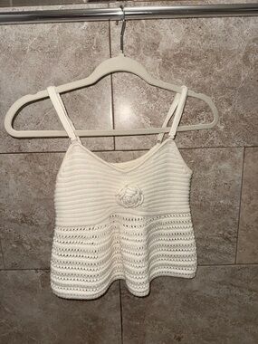 Cream Crochet Knit Tank Top with Floral Accent